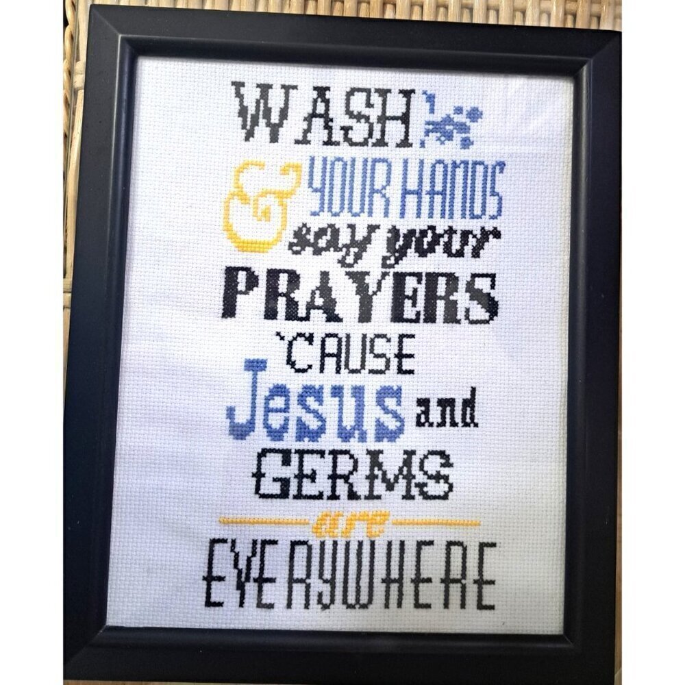 Handmade Framed Counted Cross Stitch "Wash Your Hands and Say Your Prayers..."